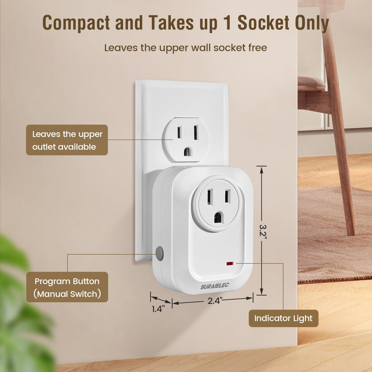 SURAIELEC Wireless Wall Switch Remote Control Outlet, No Wiring, 100ft RF Range, Pre-Programmed, Expandable Wireless Light Switches for Plug in Pendant Light, Lamp (2 Wall Switches and 1 Receiver)