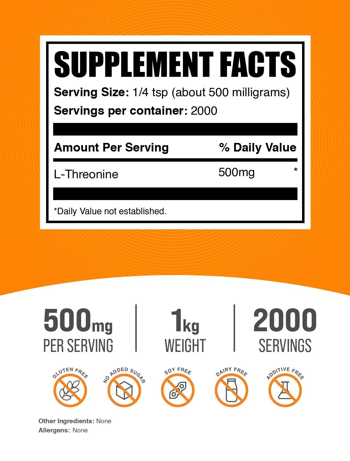 BulkSupplements.com L-Threonine Powder -Threonine Supplement, Amino Acid Supplement - Essential Amino Acid, Gluten Free, 500mg per Serving, 1kg (2.2 lbs) (Pack of 1)