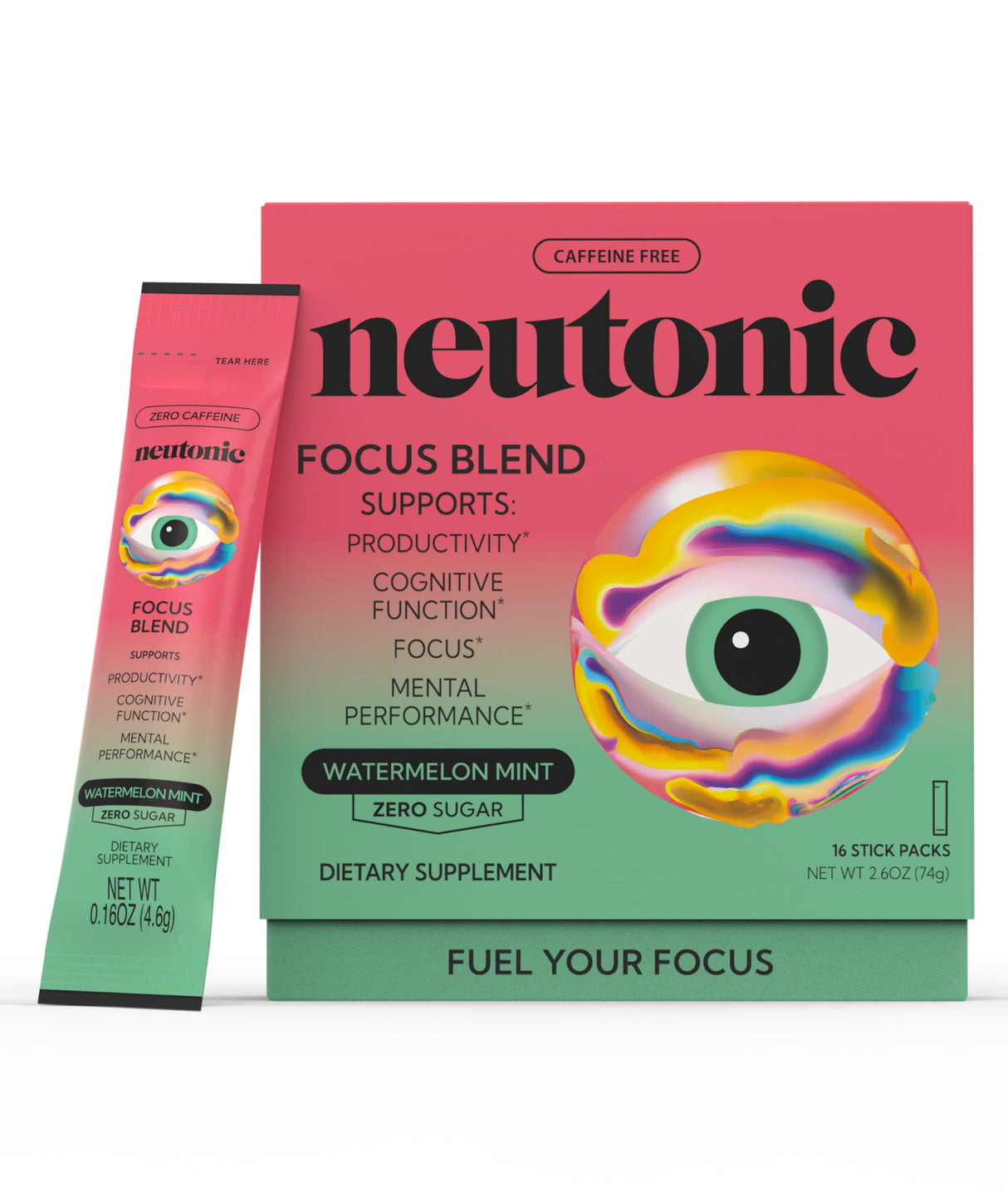 Neutonic Nootropic Focus Blend Powder | Watermelon Mint 16 Sticks | Caffeine Free, Zero Sugar | Support Memory, Mental Clarity, Cognitive Function | Boost Focus, Energy, Brain Health