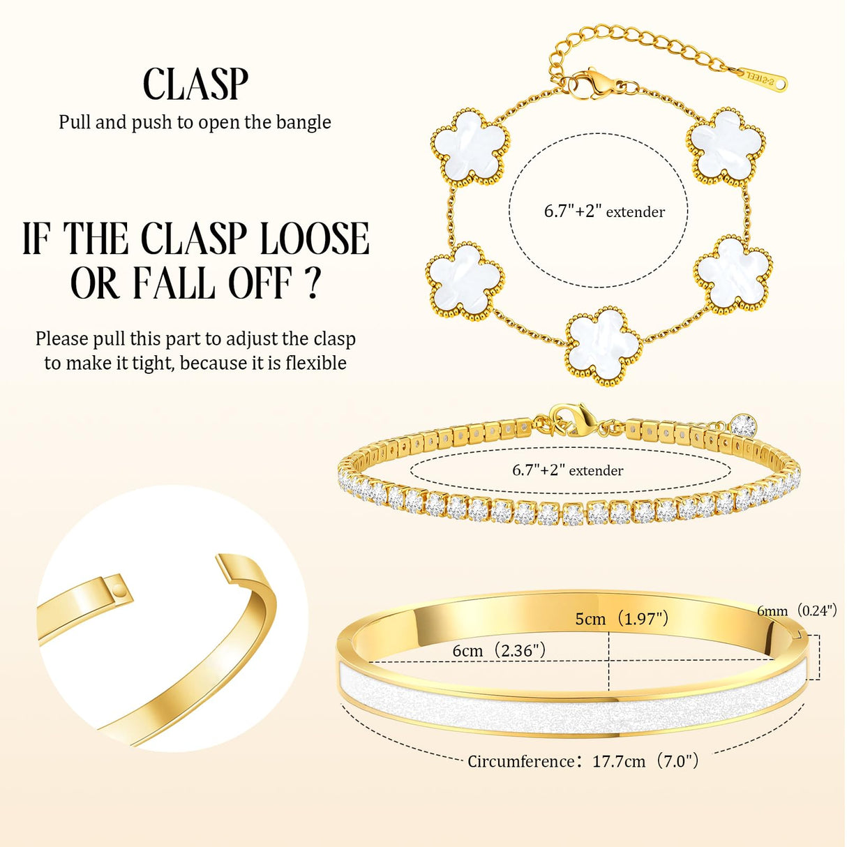 MOINSPIRE Gold Bracelets for Women, 18K Gold Plated Four Leaf Love Tennis Nail Clover Bangle Bracelets Set Non Tarnish, Stainless Steel Trendy Stackable Bracelet Fashion Jewelry Accessories Gifts