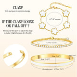 MOINSPIRE Gold Bracelets for Women, 18K Gold Plated Four Leaf Love Tennis Nail Clover Bangle Bracelets Set Non Tarnish, Stainless Steel Trendy Stackable Bracelet Fashion Jewelry Accessories Gifts