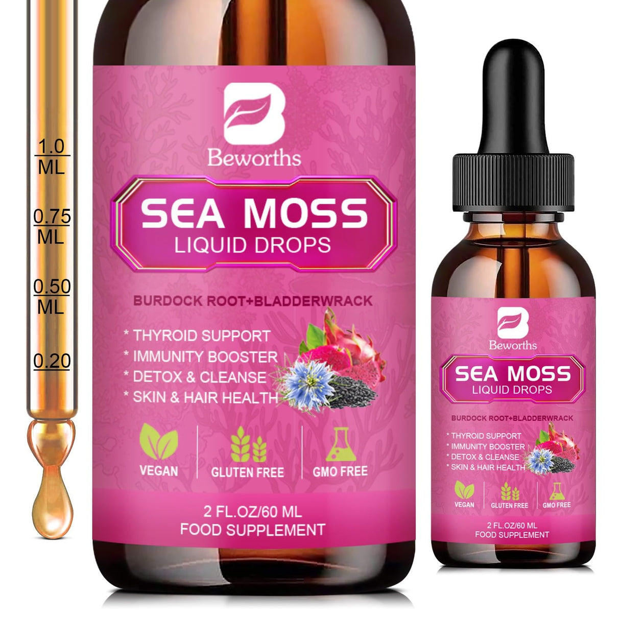 B BEWORTHS Sea Moss Liquid Drops - Organic Black Seed Oil Irish Sea Moss Gel with Burdock Root, Bladderwrack, Elderberry, Vitamin C, D3, 6X Stronger Seamoss Gel for Digestive, Hair Health - Vegan