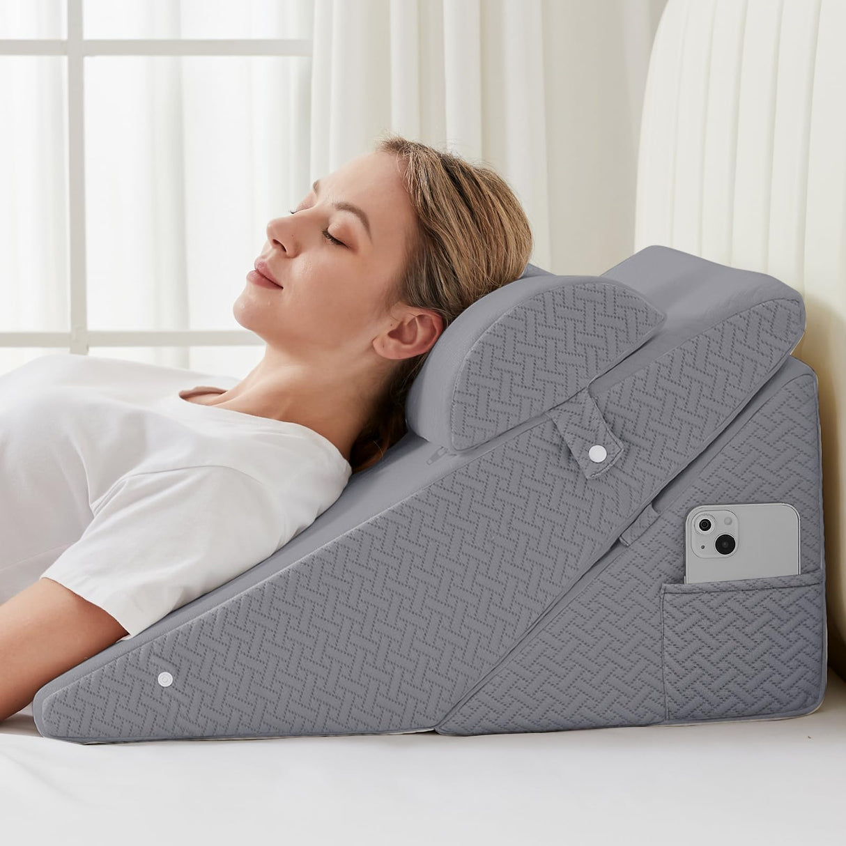 Sasttie Wedge Pillow for Headboard, Adjustable Bed Wedge Pillow Set with Orthopedic Memory Foam Neck Cushion – for Acid Reflux, Neck & Back Support, and Post-Surgery Recovery, Dark Grey