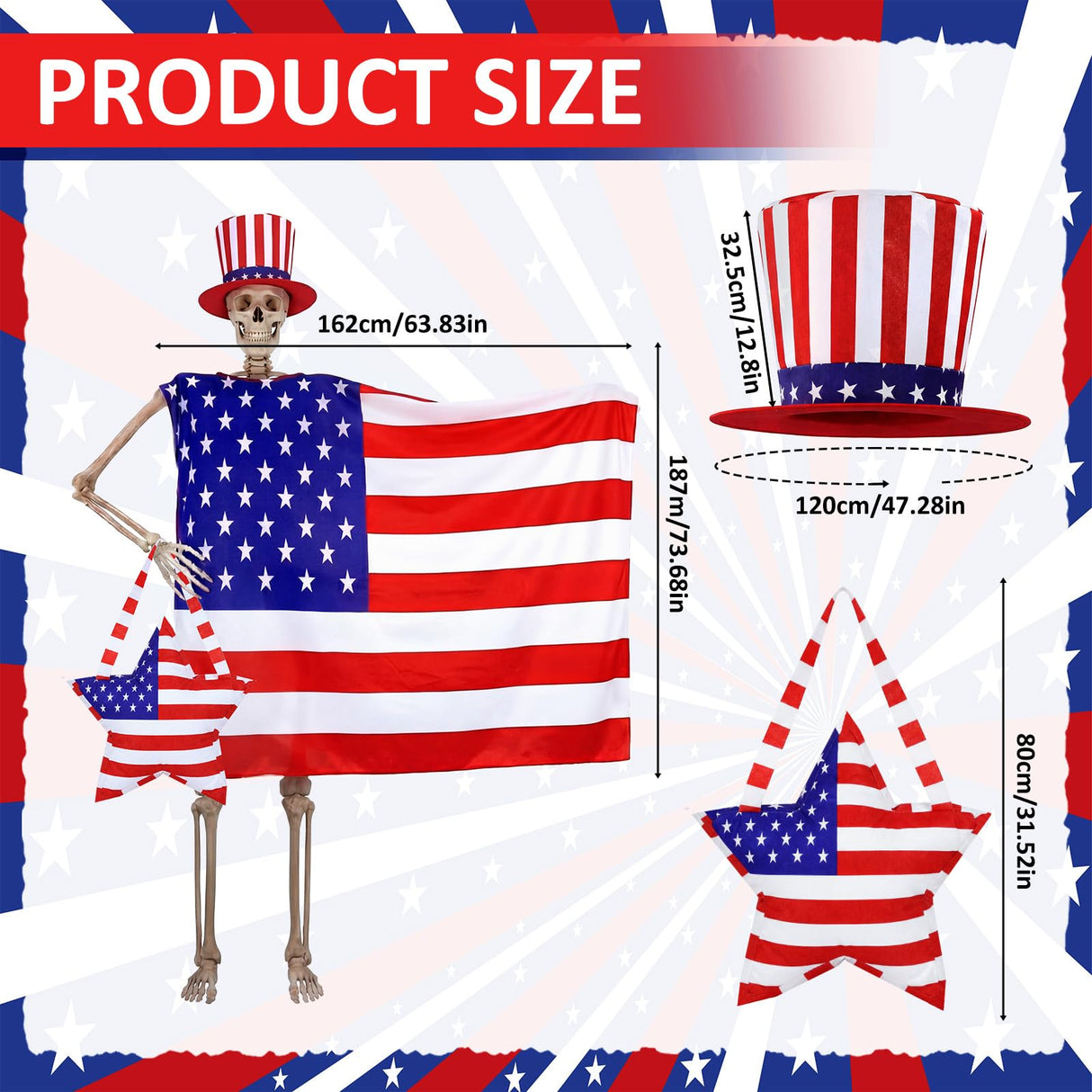 Chicingyou 12 ft Skeleton Clothes Accessories Including Hat and Cloth with Basket for 12 ft Skeleton Outfit Dress (3 Pcs,American Flag)