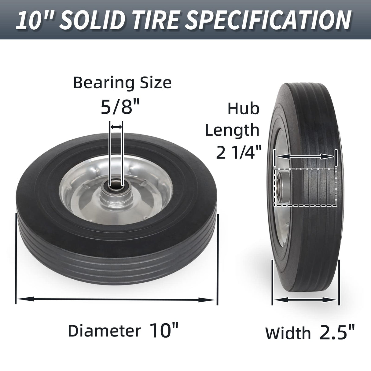 GICOOL 10" x 2.5" Flat Free Solid Rubber Tire with 5/8" Axle Bore Hole, 2 1/4" Hub, Replacement 4.10/3.50-4" for Hand Truck Dolly Trolley Garden Wagon Cart Generator, 2 Pack