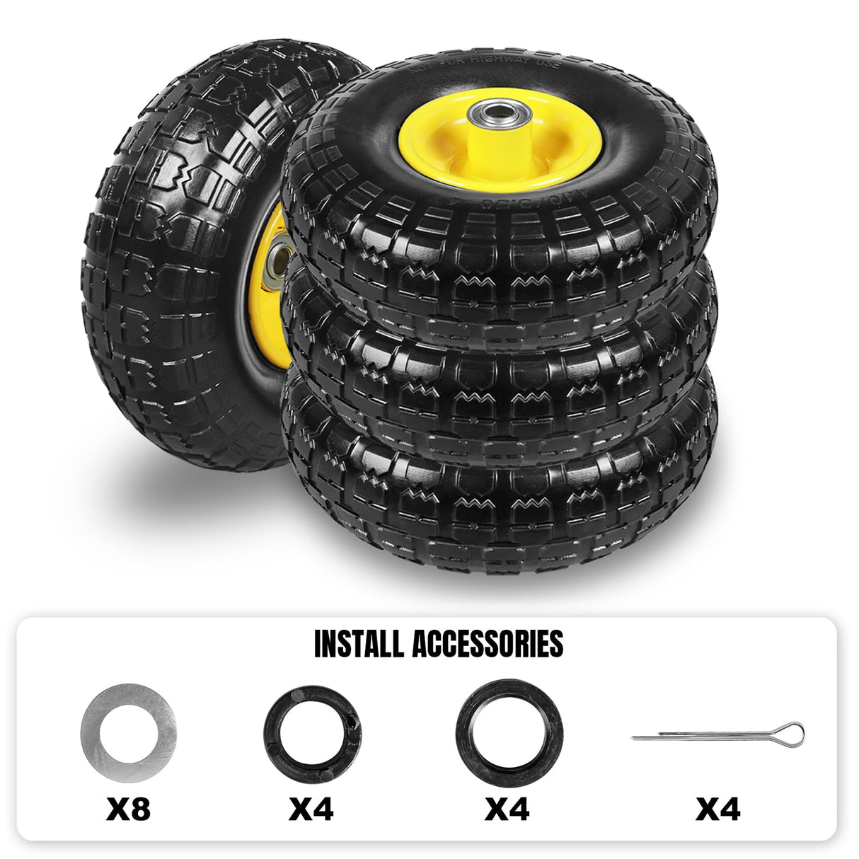 10 Inch Soild Rubber Dolly Tire Wheels, 4.10/3.50-4" Tire and Wheel Flat Free for Garden Carts, 5/8" Bearings,2.1"Offset Hub for Hand Truck, Gorilla Cart, Wheelbarrow Metal (4 Packs)