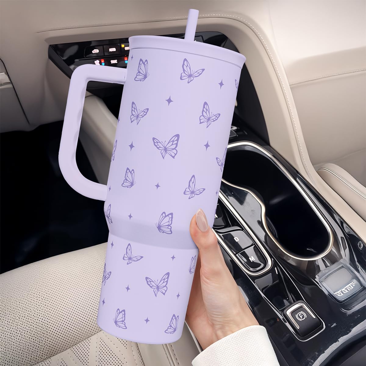 SANDJEST Butterfly Gifts for Women, Purple Butterfly Tumbler with Handle, Stainless Steel Insulated Coffee Travel Mug Cup, Gifts for Women Girls on Birthday Christmas, 40oz