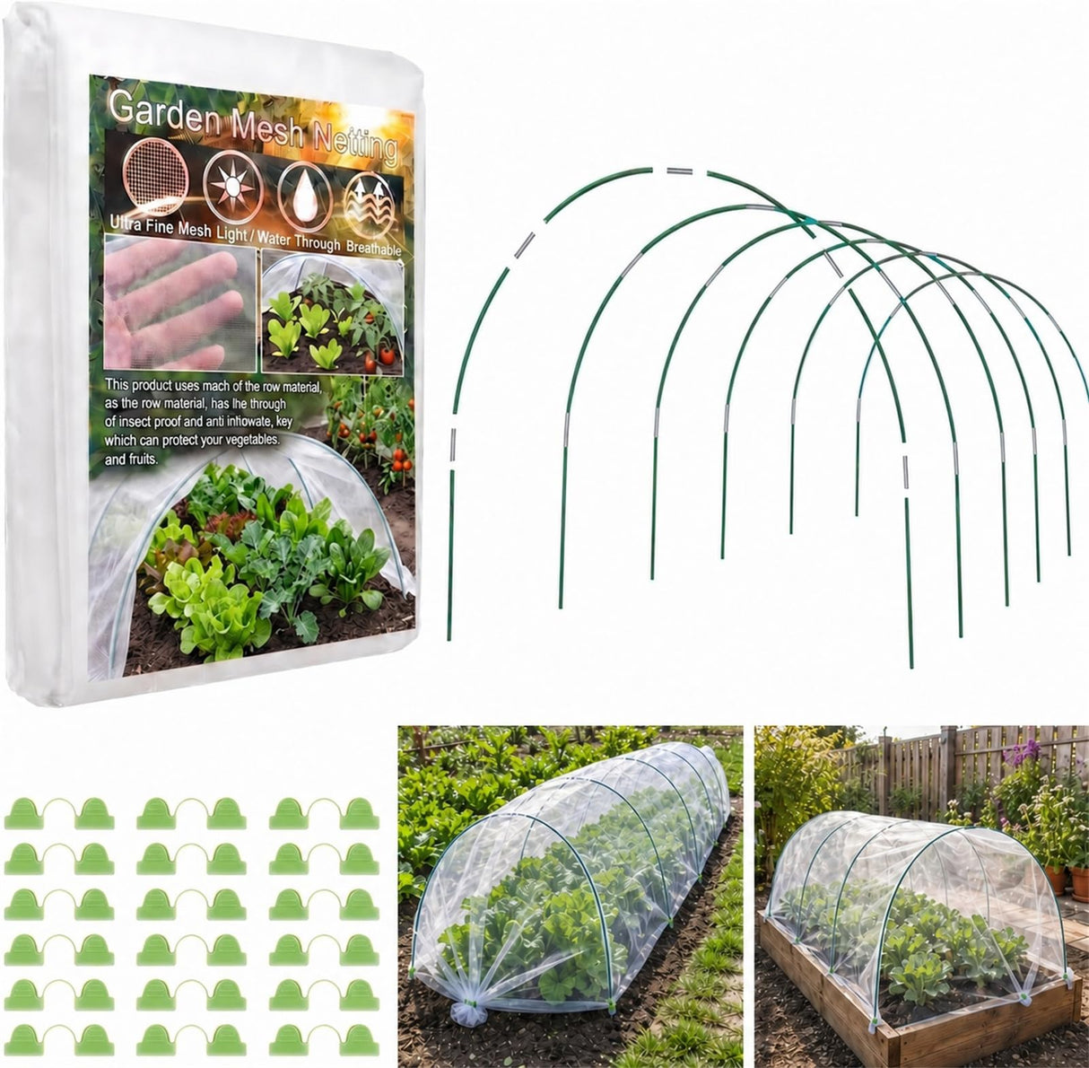 Garden Netting Kit, 10x30FT Ultra Fine Garden Mesh Netting with 6 Sets Garden Hoops, Insect Netting for Garden Protection Plant Covers, Garden Netting for Raised Beds Plant Fruit Flowers Protection