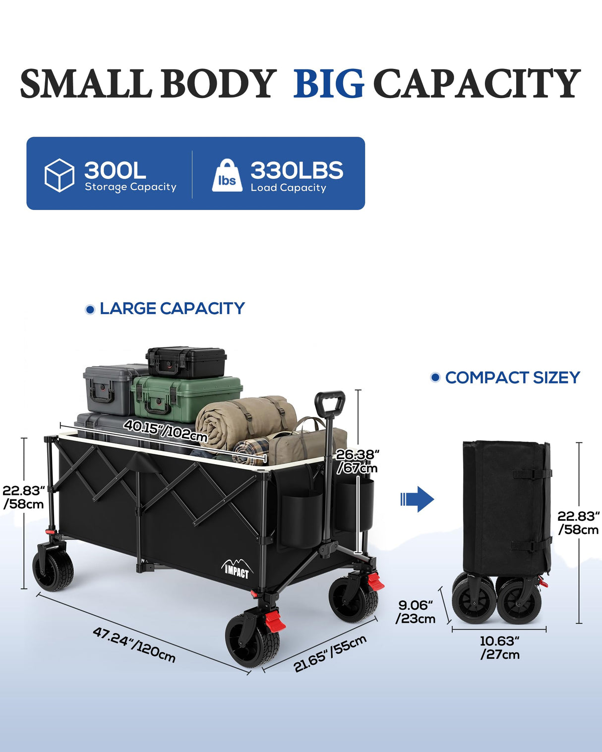 47" Collapsible Wagon Cart Foldable 300L Capacity Compact Folded Size