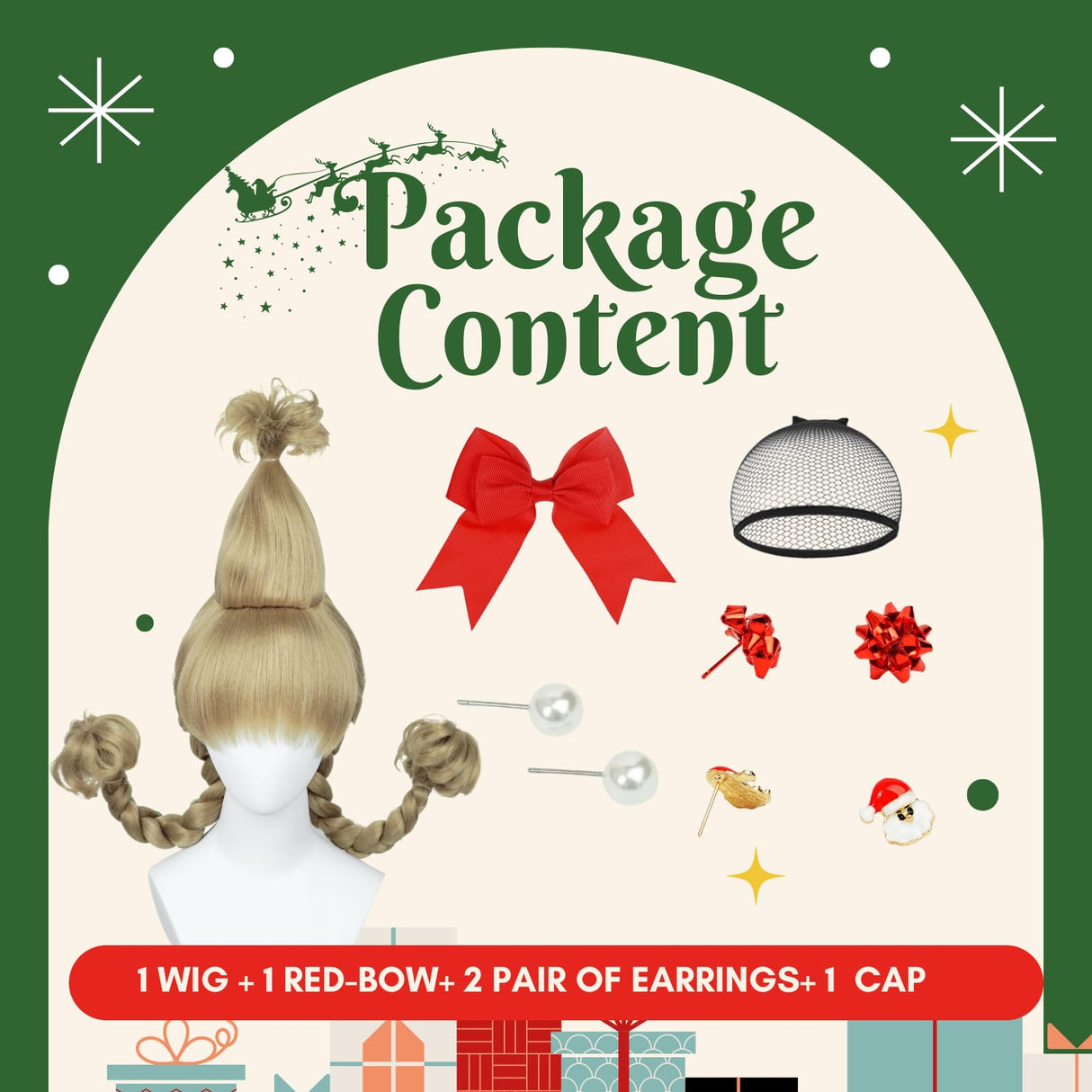 Blonde Braided Wig with Red-bow Earrings for Women Christmas Cindy Wig with Accessories for Halloween Christmas Costume Party