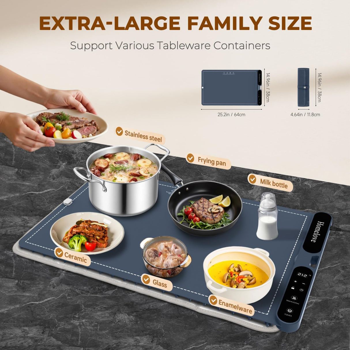Homelove Warming Mat for Food - Fast Full Surface Electric Warming Tray with 7 Temp-Settings & 8H Timer, Portable Roll Up Food Warmer with Heat Insulation Pad for Gatherings Parties Buffet XL-Navy
