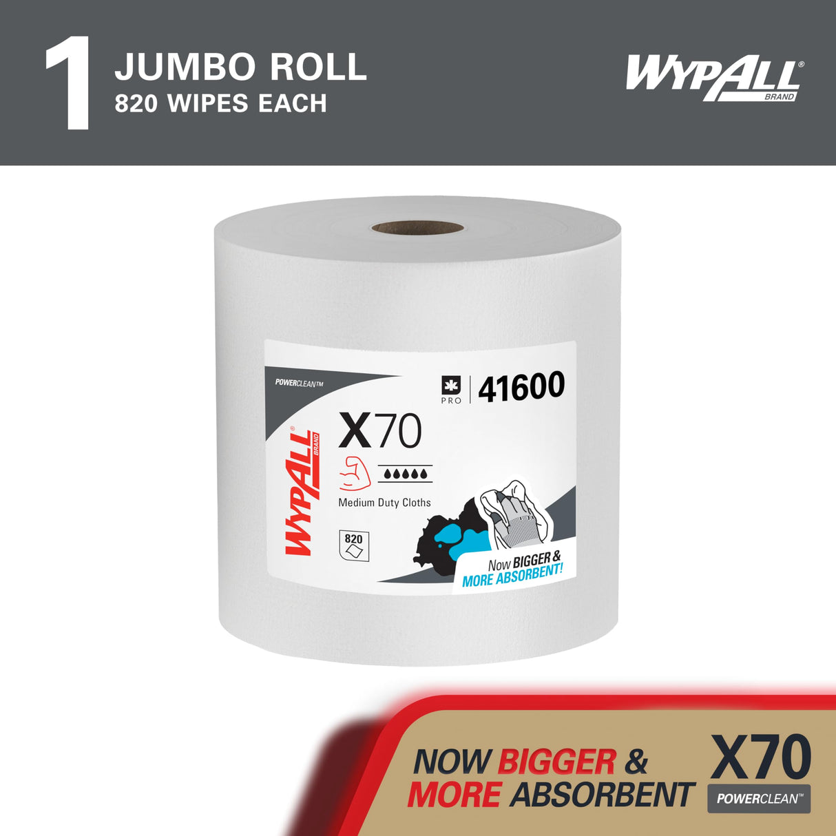 WypAll PowerClean X70 Cloths Medium Duty Wipes (41600), Jumbo, Long Lasting Towels, White (1 Roll of 870 Sheets, 870 Sheet Total)
