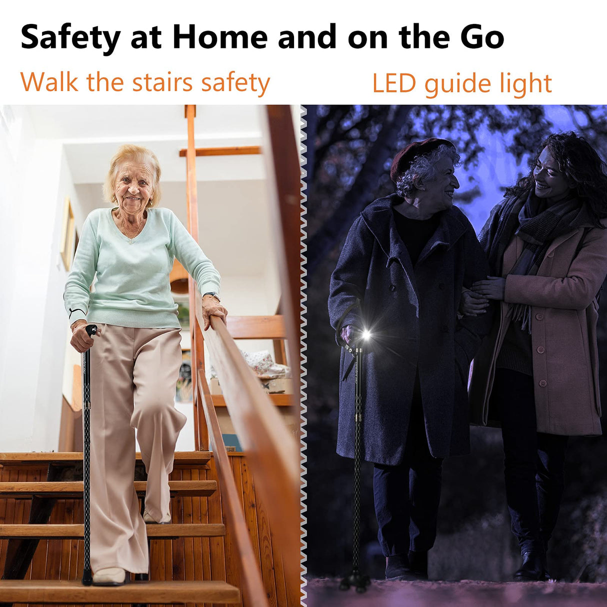 KAKICLAY Folding Walking Cane with LED Light for Women & Men - Foldable, Adjustable, Collapsible Lightweight Aluminum Walking Stick for Seniors & Adults