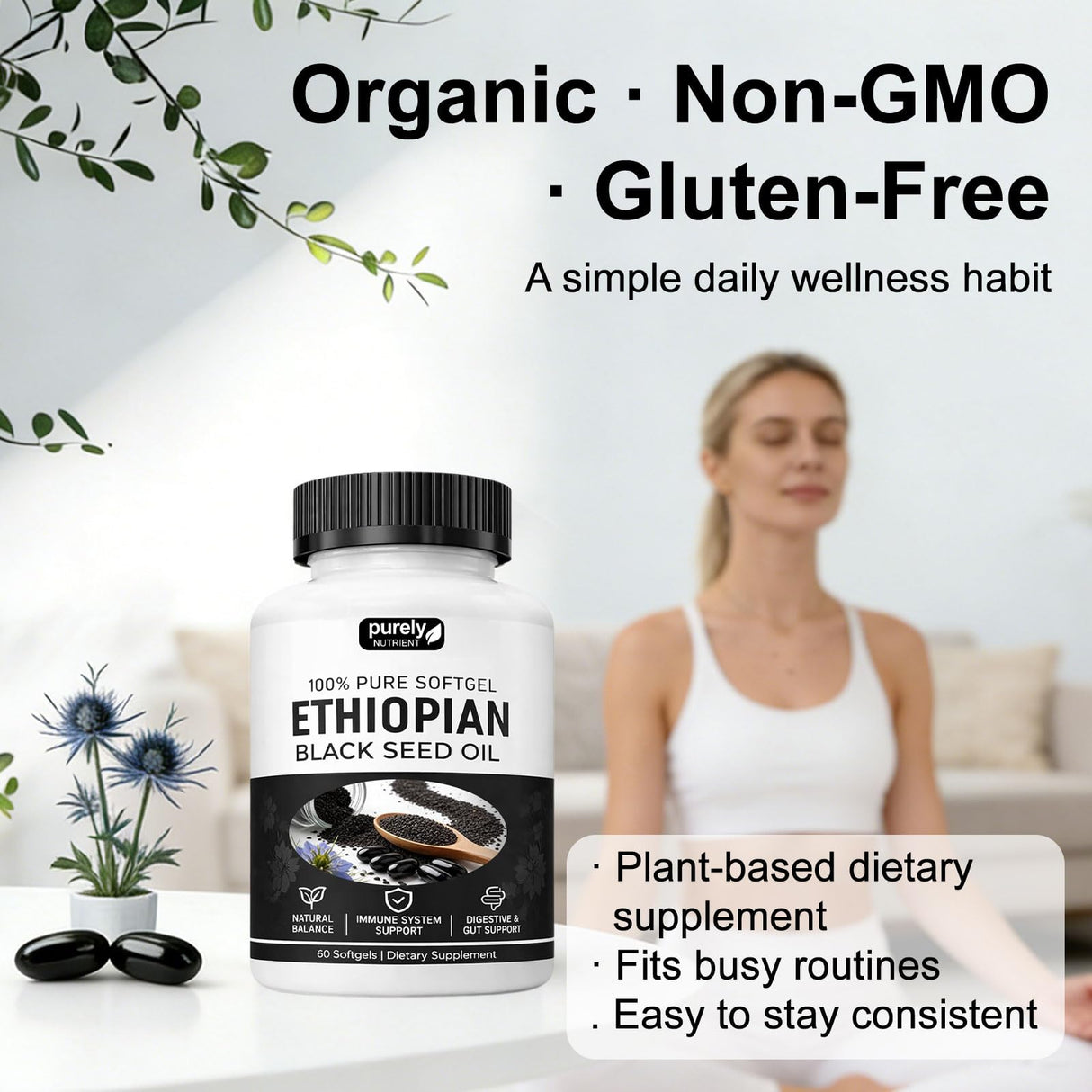 Purely Nutrient Ethiopian Black Seed Oil, Purely Ethiopian Black Seed Oil Capsules 4.64% Thymoquinone, Organic Cold Pressed Black Cumin Seed Oil Softgels, Non-GMO, Gluten-Free, 60 Softgels