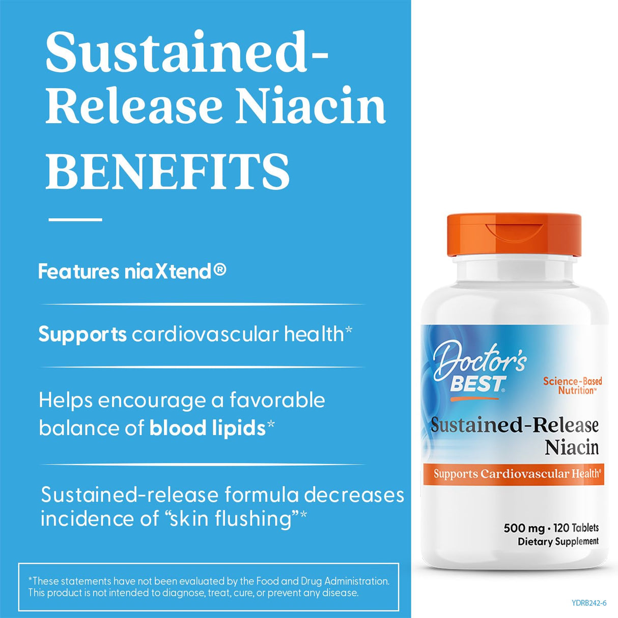 Doctor's Best Niacin 500 mg Extended Release Supplement for Men & Women - Minimizes Skin Flush, Niacin as Nicotinic Acid 500mg, Cardiovascular Health Support, Gluten Free, Vegan, Non GMO - 120 Tablets