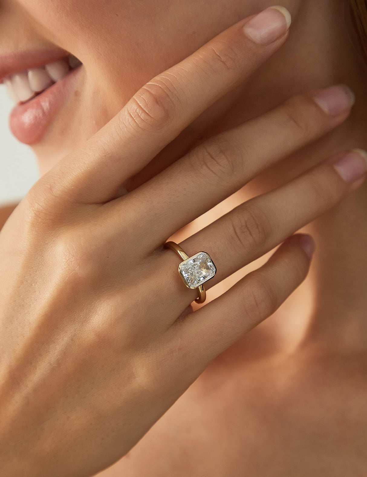 EAMTI 3CT Engagement Rings for Women Radiant Cut CZ Solitaire Promise Wedding Bands Travel Bezel Ring 14K Gold Plated Size 7.5