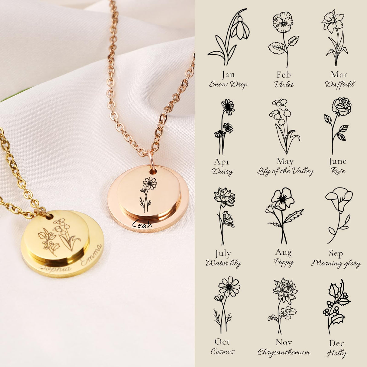 sufall Personalized Name Necklace with Birth Flower – Custom Engraved Jewelry for Women, Mom, Grandma | Christmas, Birthday, Mother’s Day Gift