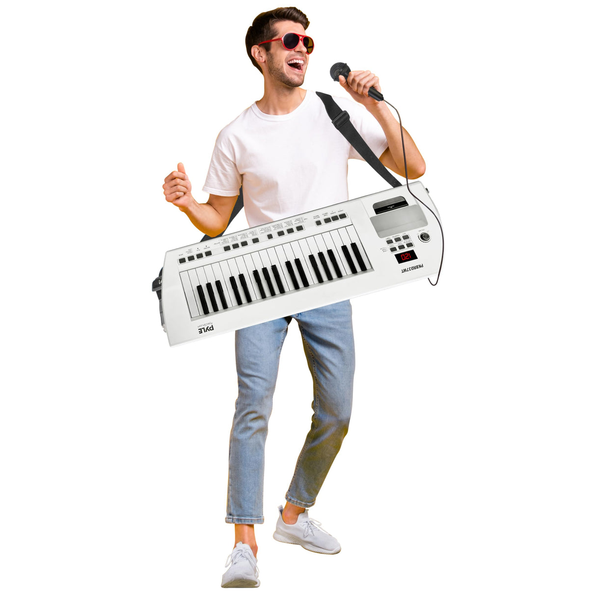 Pyle, Portable Digital Electronic Keyboard Piano 37 Keys with Microphone & Carry Strap, Built-in Sustain Controller, Rechargeable Battery-Karaoke Keyboard Compact Musical Keytar White