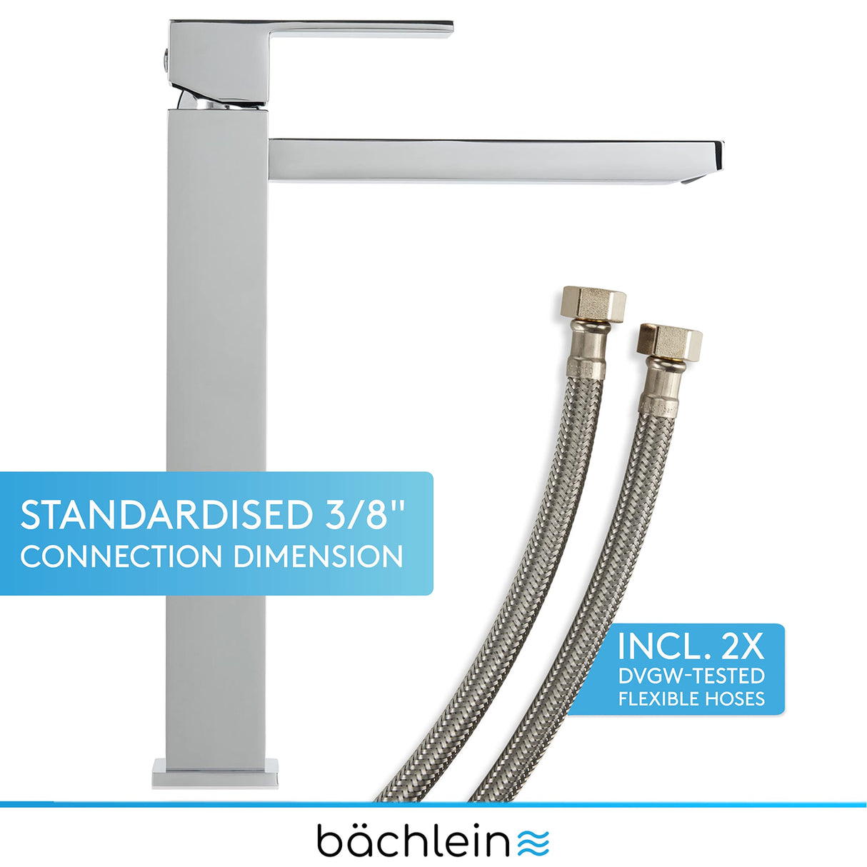 Bächlein High Faucet for Bathroom [Angular - Chrome] - Extra High Tap with 215mm Spout Height for Countertop Washbasin, Washbasin Water Tap High Spout