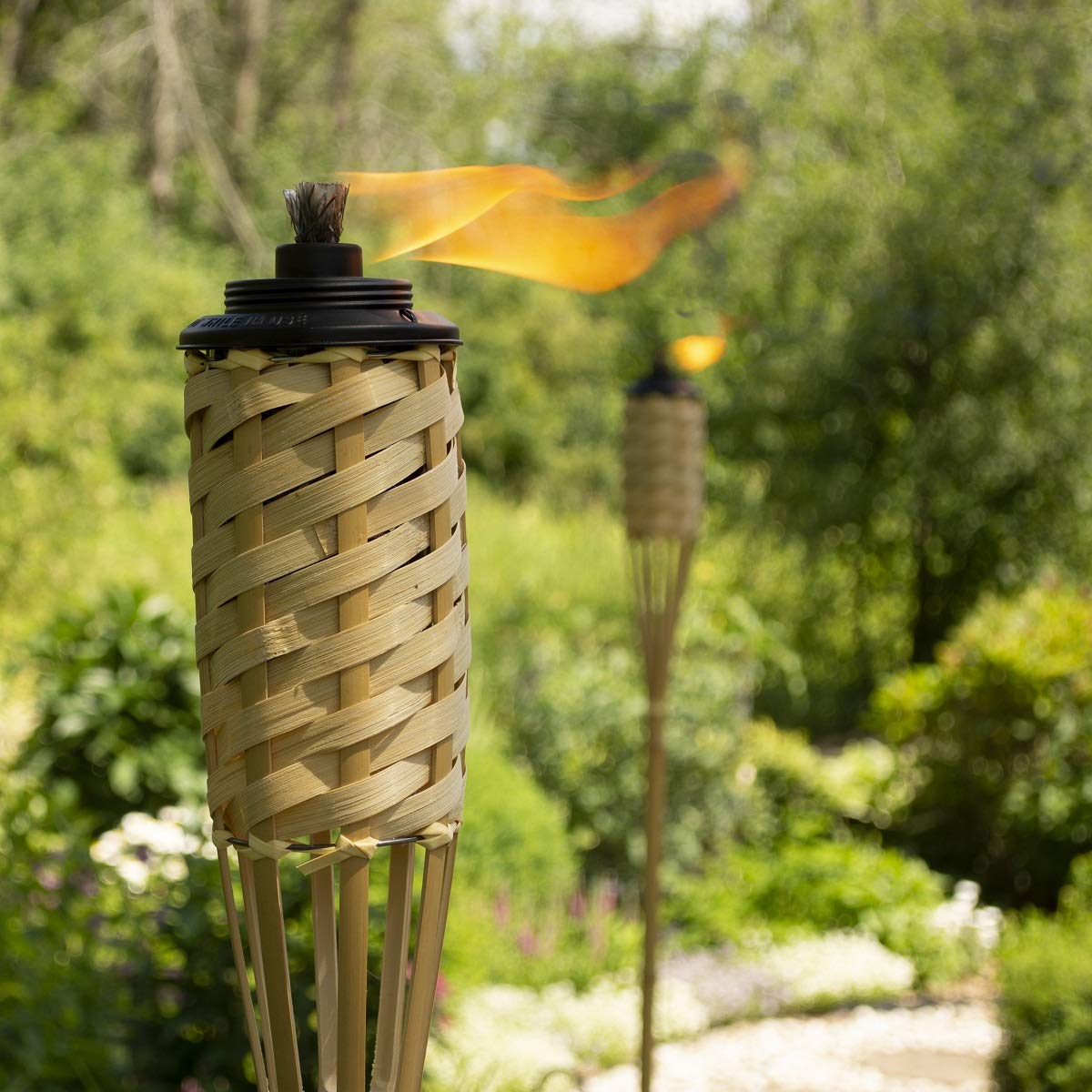 TIKI Bamboo Tiki Torches 12-Pack – Weather-Resistant Outdoor Décor with Easy-Pour Wide-Mouth Canister Refill for Patio, Garden, Backyard, and Parties, 57-Inch Citronella Torches