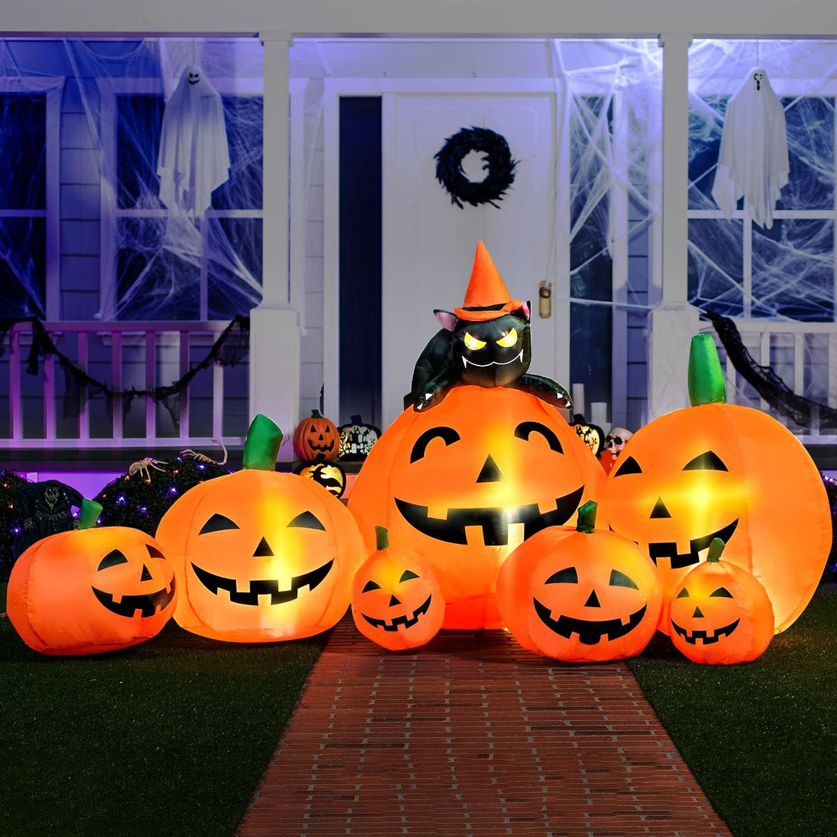 Joiedomi 7 FT Long Halloween Inflatables Pumpkin Outdoor Decorations, 7 Pumpkins Outside Decoration with Witch's Cat with Build-in LEDs Blow Up Inflatables for Party Yard Lawn Garden Decor