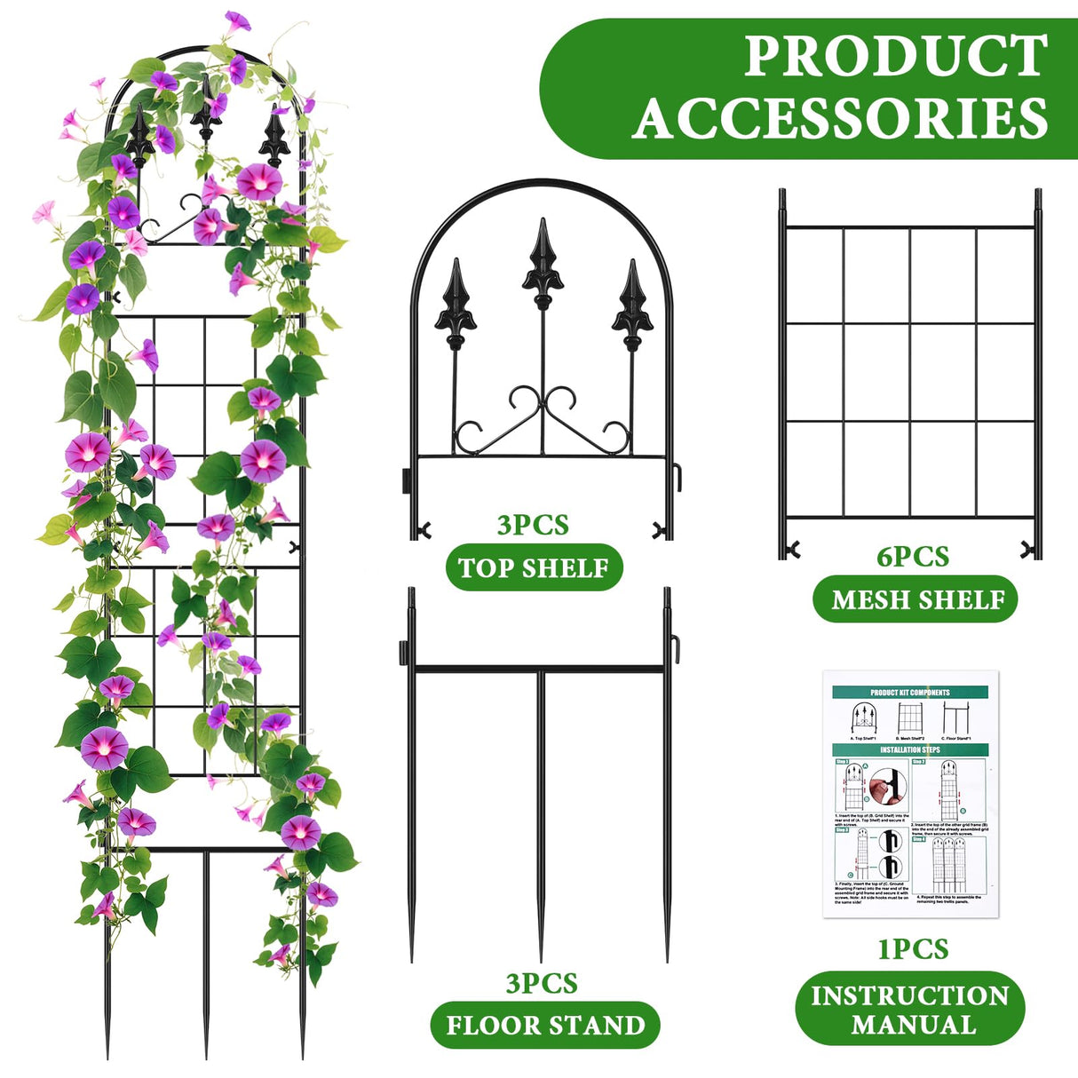 3 Packs Metal Garden Trellis for Climbing Plants (65.3'' x 40'') Rustproof Metal Garden Flower Rose Trellis, Outdoor Climbing Clematis Trellis Cucumbers Support for Courtyards Lawns