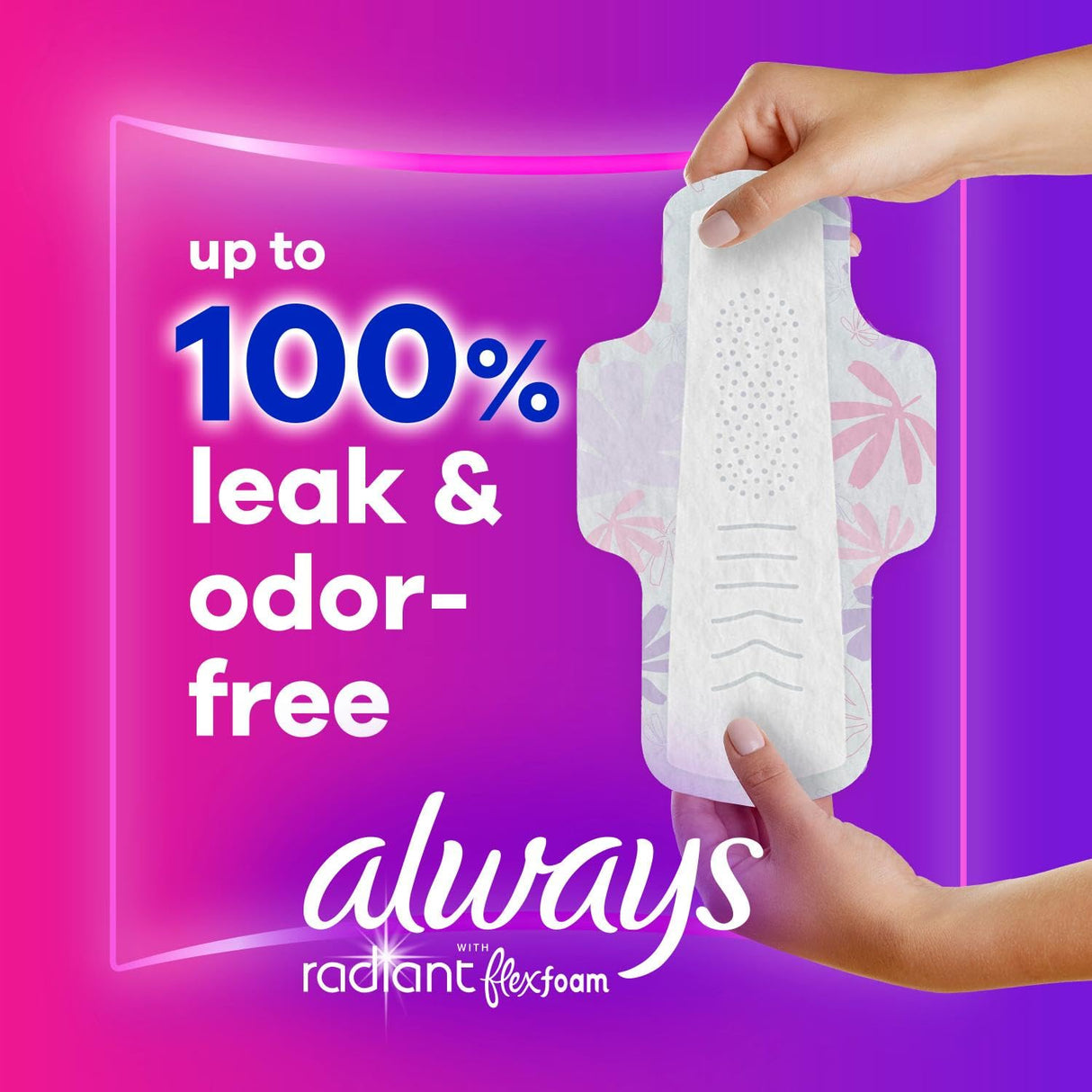 Always Radiant Feminine Pads for Women, Flexfoam Pads with Wings, Size 1, Regular Absorbency, Lightly Scented, 90 Count (Packaging May Vary)
