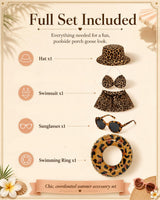 GSPIM Leopard Print Bikini Porch Goose Outfits for 23" Goose Statue Summer Beach Pool Lawn Patio Decor with Bikini Outfit Bucket Hat Sunglasses and Inflatable Swim Ring (Leopard Print Bikini)