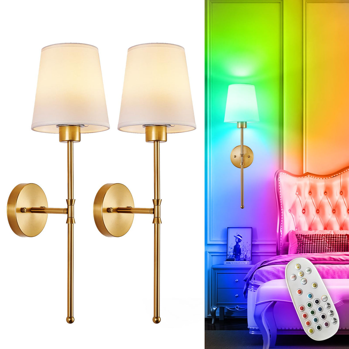 Depuley Battery Operated Wall Sconce: Set of 2 Wireless Wall Lights with 10000mAh Dimmable Bulbs and Remote for Bedroom - Rechargeable 15 Colors Gold Wall Lamp for Living Room Hallway