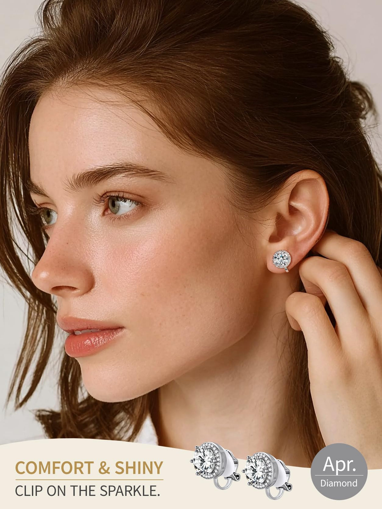 FindChic April Diamond Clip On Earrings for Women Silver Birthstone