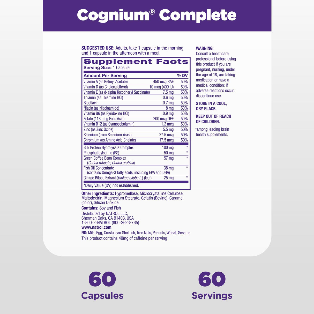 Natrol Cognium Complete, Dietary Supplement for Brain Health, Brain Health Supplements for Adults, 60 Capsules, 30 Day Supply