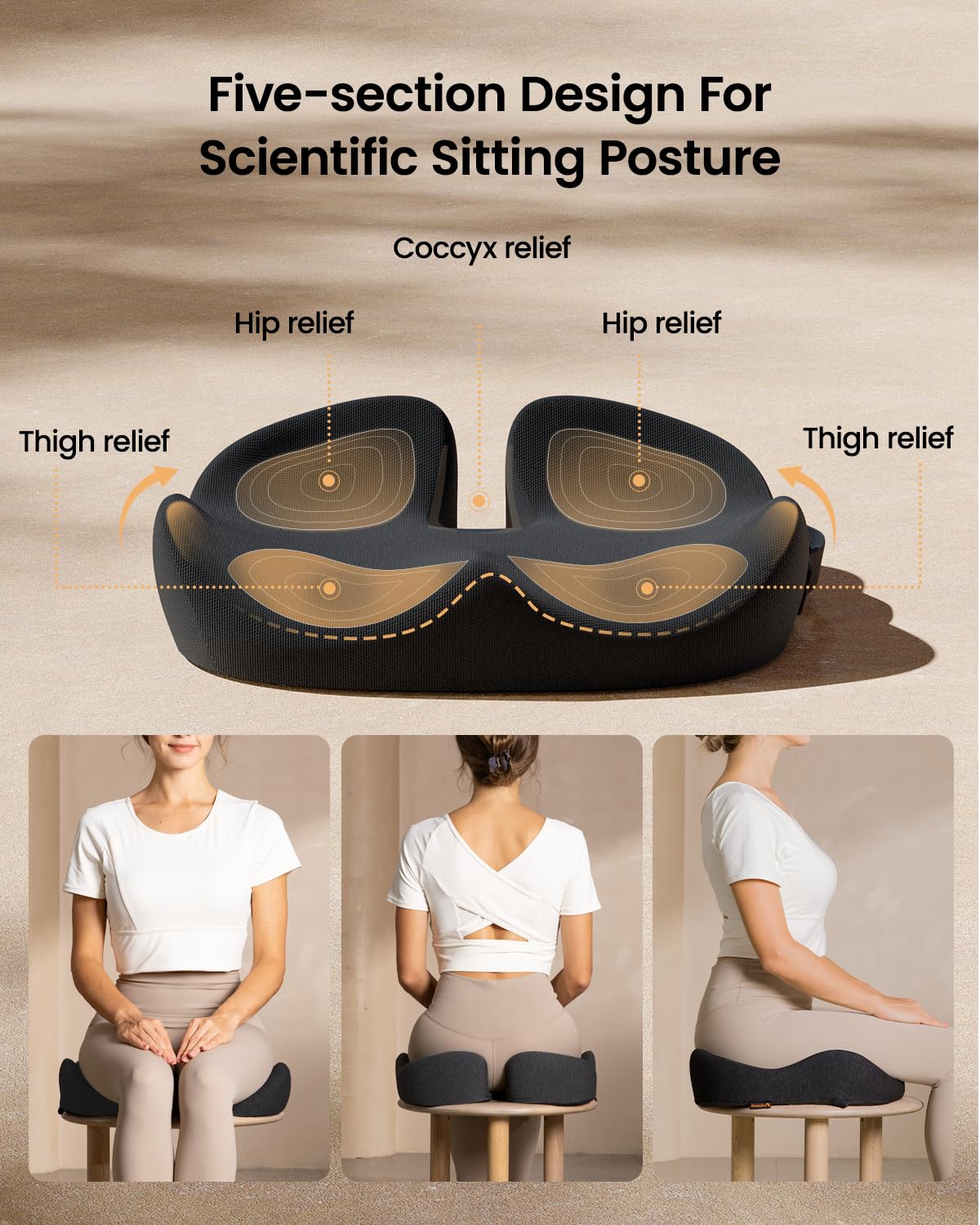 ProtoArc Seat Cushion for Tailbone Pain Relief, Office Chair Cushion, Coccyx Cushion, Ergonomic Memory Foam Seat Cushion for Home, Car, Pressure Relief Pad for Hip, Coccyx, All Day Comfort - Black