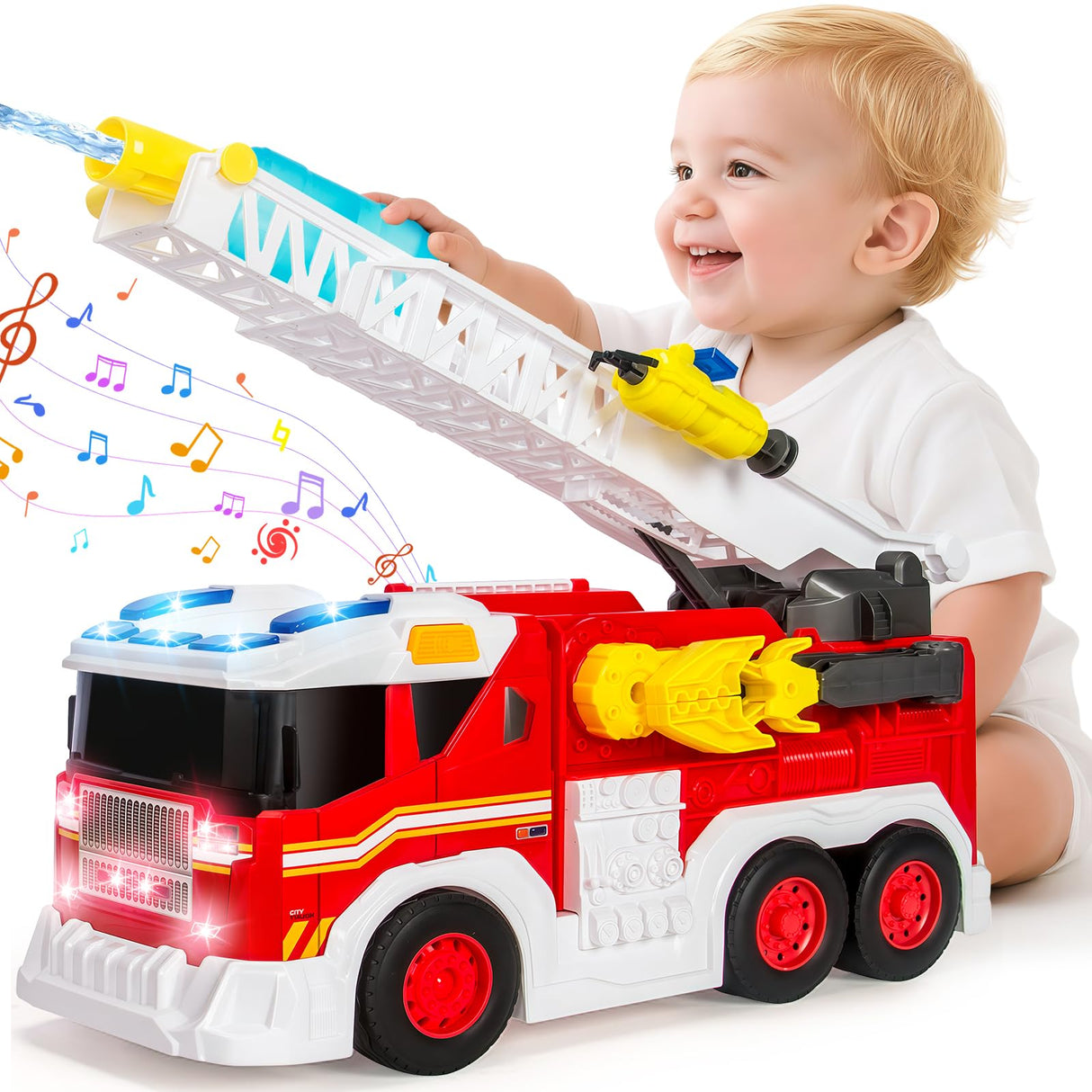 Large Fire Trucks Toys for Toddlers, Kids Toys for 3 4 5 6 7 8 Years Old Boys, 15" Firetruck Toy for Kids with Ladder, Lights, Sounds & Water Shooting, Christmas Birthday Gifts for Boys & Girls