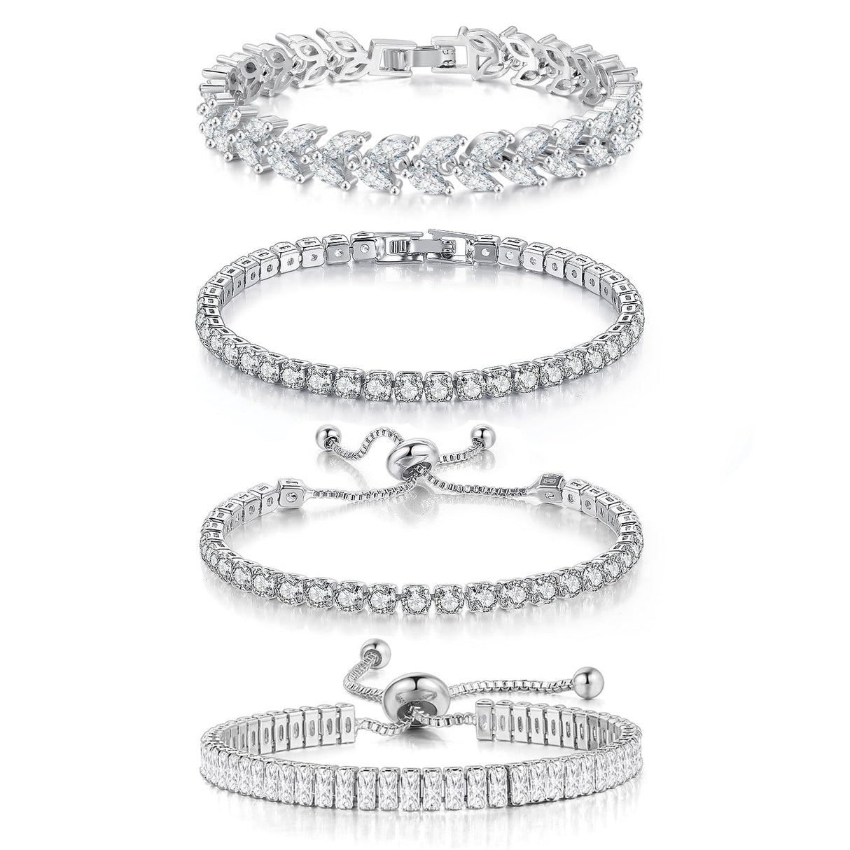 YOYUNLUO 4 Pcs Tennis Bracelet Set Silver Plated Marquise Cubic Zirconia CZ Diamond Dainty Adjustable Silver Bracelets for Women Brides Stackable Fashion Jewelry Wedding Prom Gift, 6.5 inch