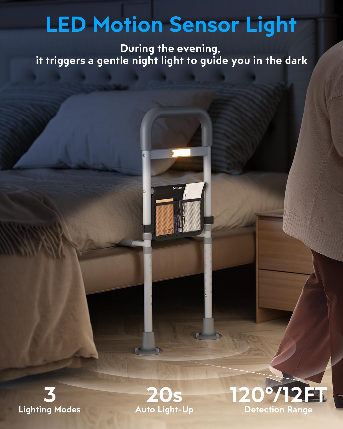 Bed Rails Elderly Adults Safety: Side Assist Grab Bar Handrails for Seniors with Motion Sensor LED Light Pouch - Adjustable Bed Cane Portable Handle Bedside Railing - Fits Twin Full Queen King Grey