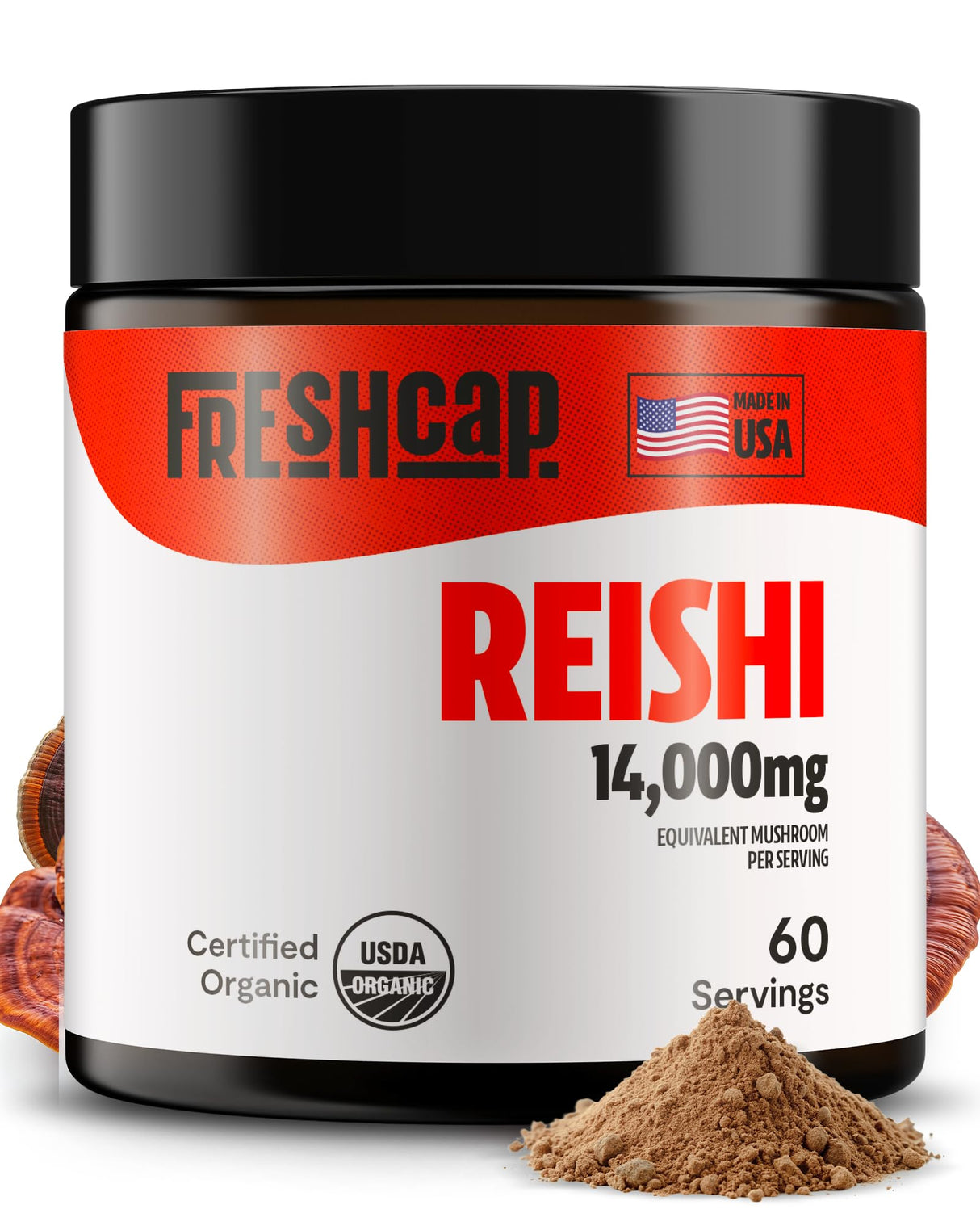 FreshCap Mushrooms Reishi Mushroom Powder 14,000mg - Organic Mushroom Extract Supplement Powder, Ayurveda Nootropic Red Reishi Supplement Blend (60 Servings)