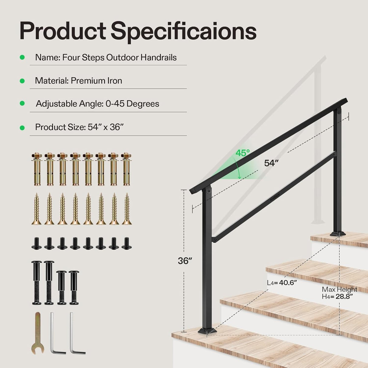 VIVOSUN Outdoor Handrail, 4 Step Stair Handrail, 54" x 36" Fits 1 to 4 Steps, Wrought Mattle Iron Handrail for Concrete Steps, Porch Steps, One-Step Assembly, Black