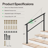 VIVOSUN Outdoor Handrail, 4 Step Stair Handrail, 54" x 36" Fits 1 to 4 Steps, Wrought Mattle Iron Handrail for Concrete Steps, Porch Steps, One-Step Assembly, Black