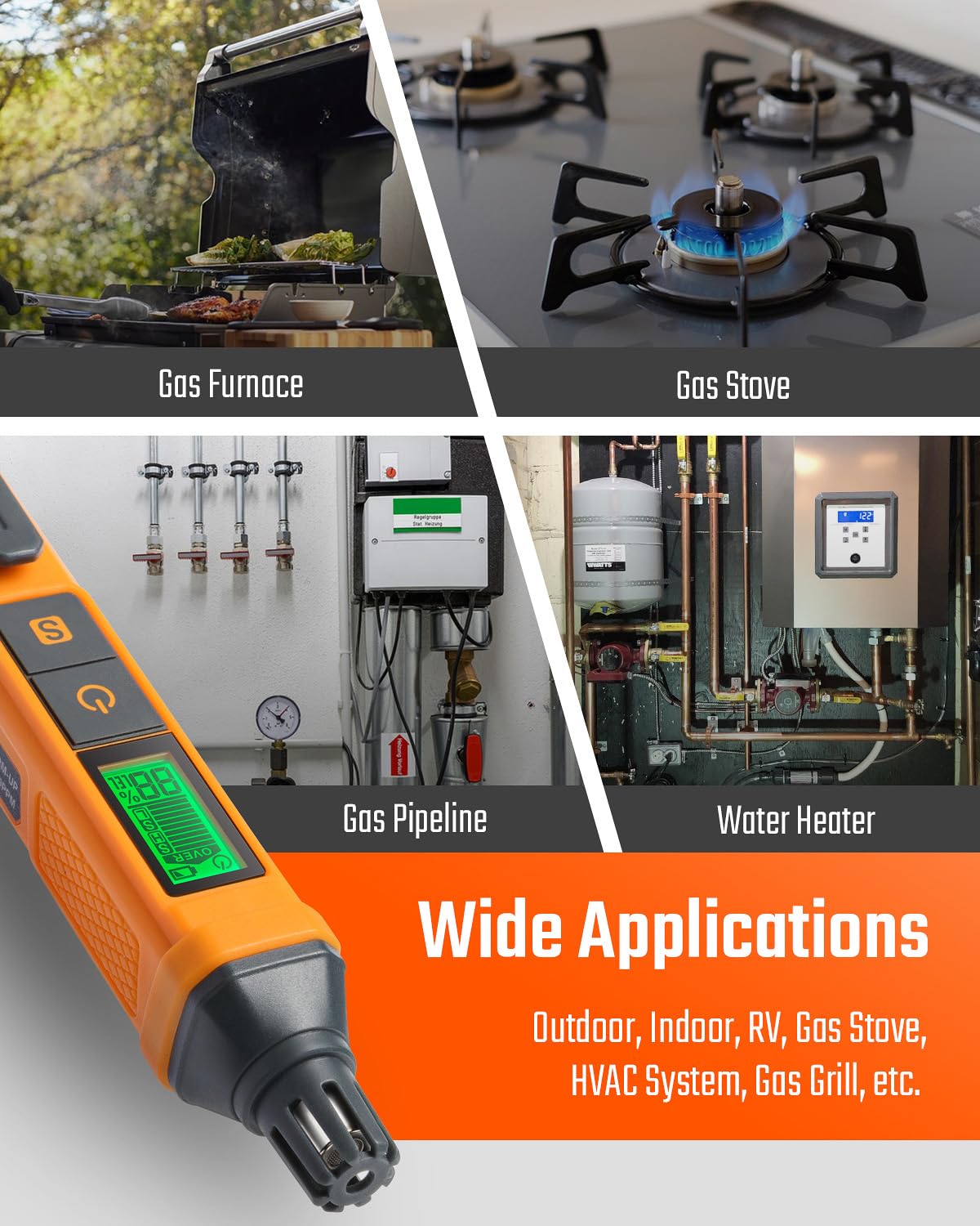 PT205 Natural Gas Detector with Audible & Visual Alarm, Gas Leak Detector with%LEL Value of Methane, Butane, Propane for Home, RV (Includes Batteryx2)-Orange