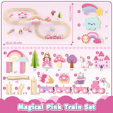 Lehoo Castle Wooden Train Set for Girls, Pink Unicorn Train Set