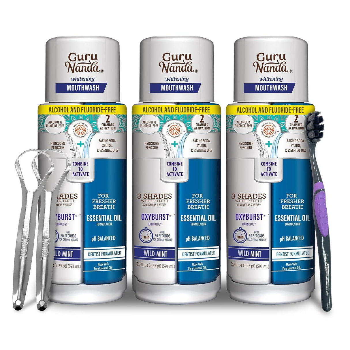 GuruNanda Teeth Whitening Dual Barrel Oxyburst Mouthwash - Alcohol & Fluoride Free, Hydrogen Peroxide to Promote Whiter Teeth - Wild Mint - 3x20 Fl Oz