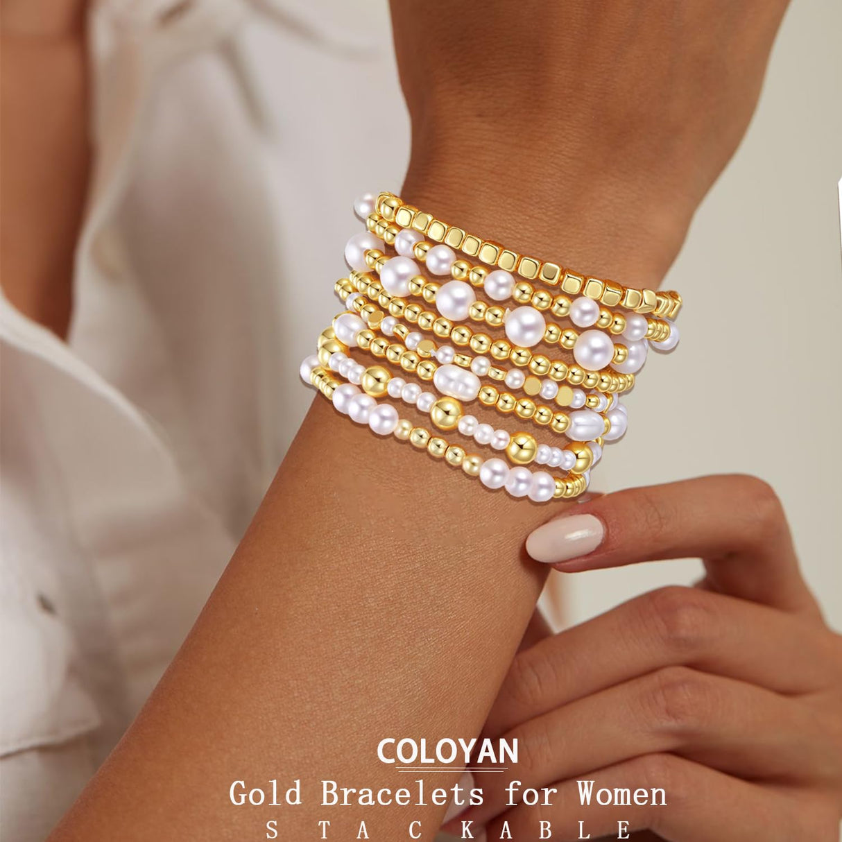 COLOYAN 10PCS Gold Beaded Stretch Bracelets for Women Stack