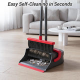 Zeawec Broom with Dustpan Set for Pet Hair & Dust Cleanup, Red & Gray
