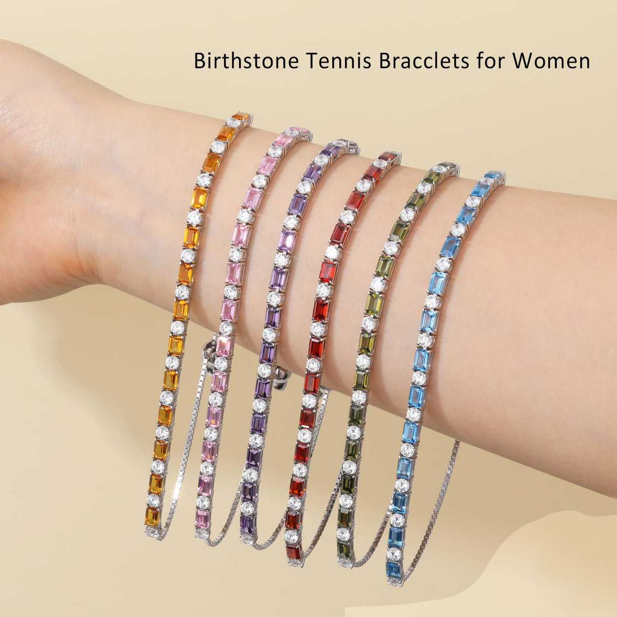 ETERMBOL Birthstone Tennis Bracelets for Women White Gold Sterling Silver Gemstone Bracelets Adjustable Chain 6-9 Inchs Jewelry Anniversary Birthday Gifts for Women Mom Wife Her