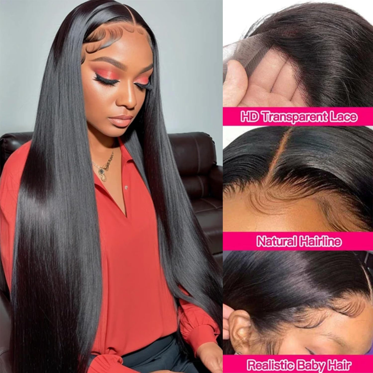 32 Inch Straight Lace Front Wigs Human Hair 200% Density 13x4 HD Transparent Lace Front Wigs for Women Glueless Brazilian Virgin Straight Lace Frontal Wigs Pre Plucked with Baby Hair Natural Black