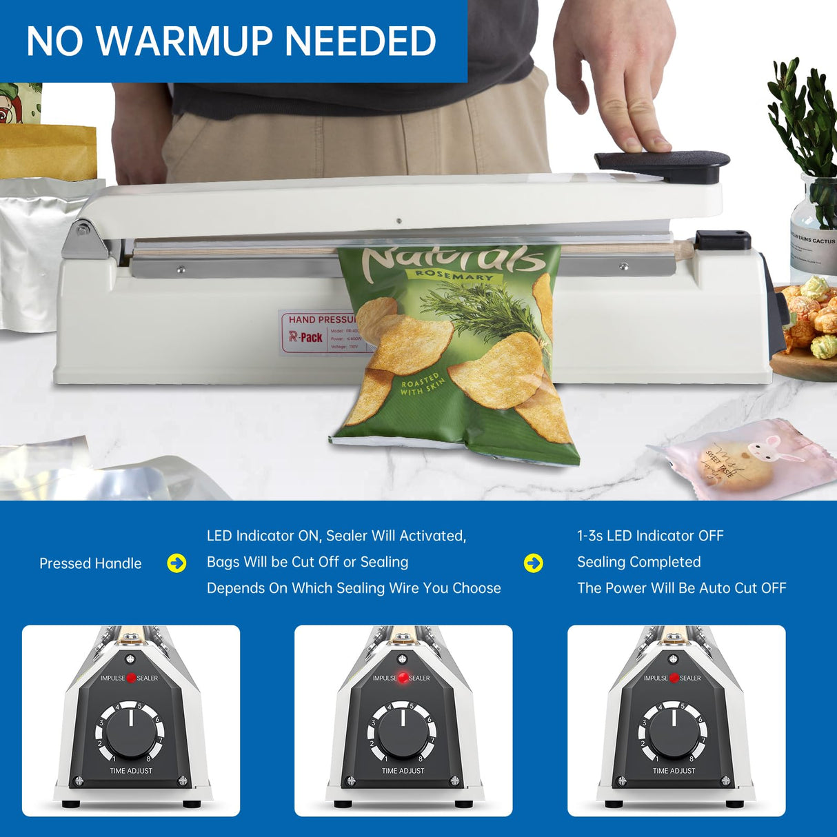 R-PACK Impulse Heat Sealer with Seal bar, Heavy-Duty Bag Sealing & Cutting Machine, 2 Extra Replacements (white, 12inch)