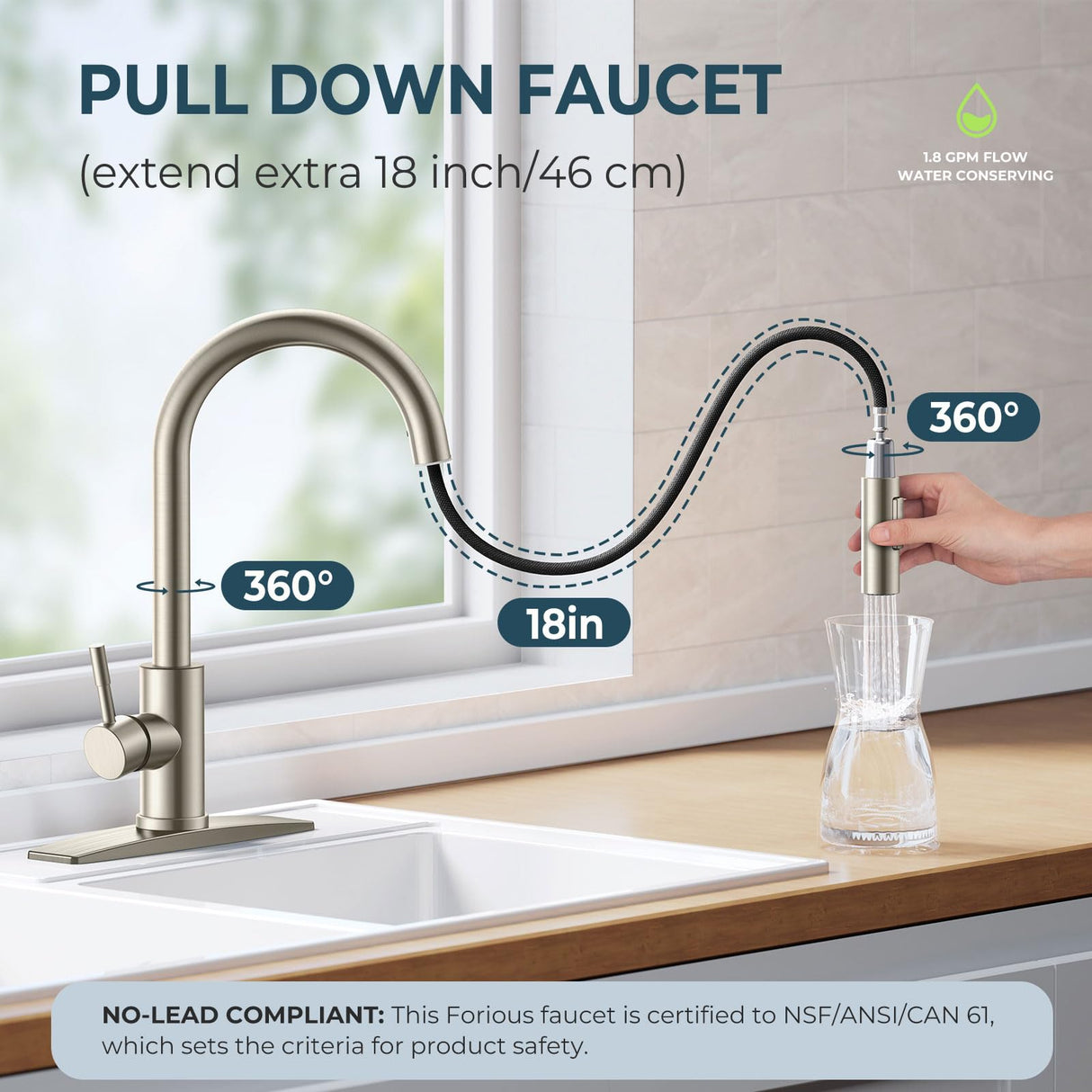 FORIOUS Kitchen Faucet with Pull Down Sprayer, Brushed Nickel High Arc Modern Classic Sink Faucet Stainless Steel with Deck Plate Fit for 1 or 3 Hole for Pot Filler Bar Farmhouse Laundry Rv