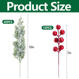 60 Pcs Artificial Christmas Snow Pine Branches with Red Berry Stems, Snowy Faux Greenery Norfolk Pine Cypress Leaves Stems, Berries White Frosted Fake Foliage Pine Needle Picks for Garland Home Decor