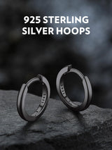Bandmax Mens Black Small Huggie Hoop Earrings 925 Sterling Silver 10mm Round Huggy Ear Hoops Aretes Negros para Hombre Silver Ears Jewelry Gift for Women Men