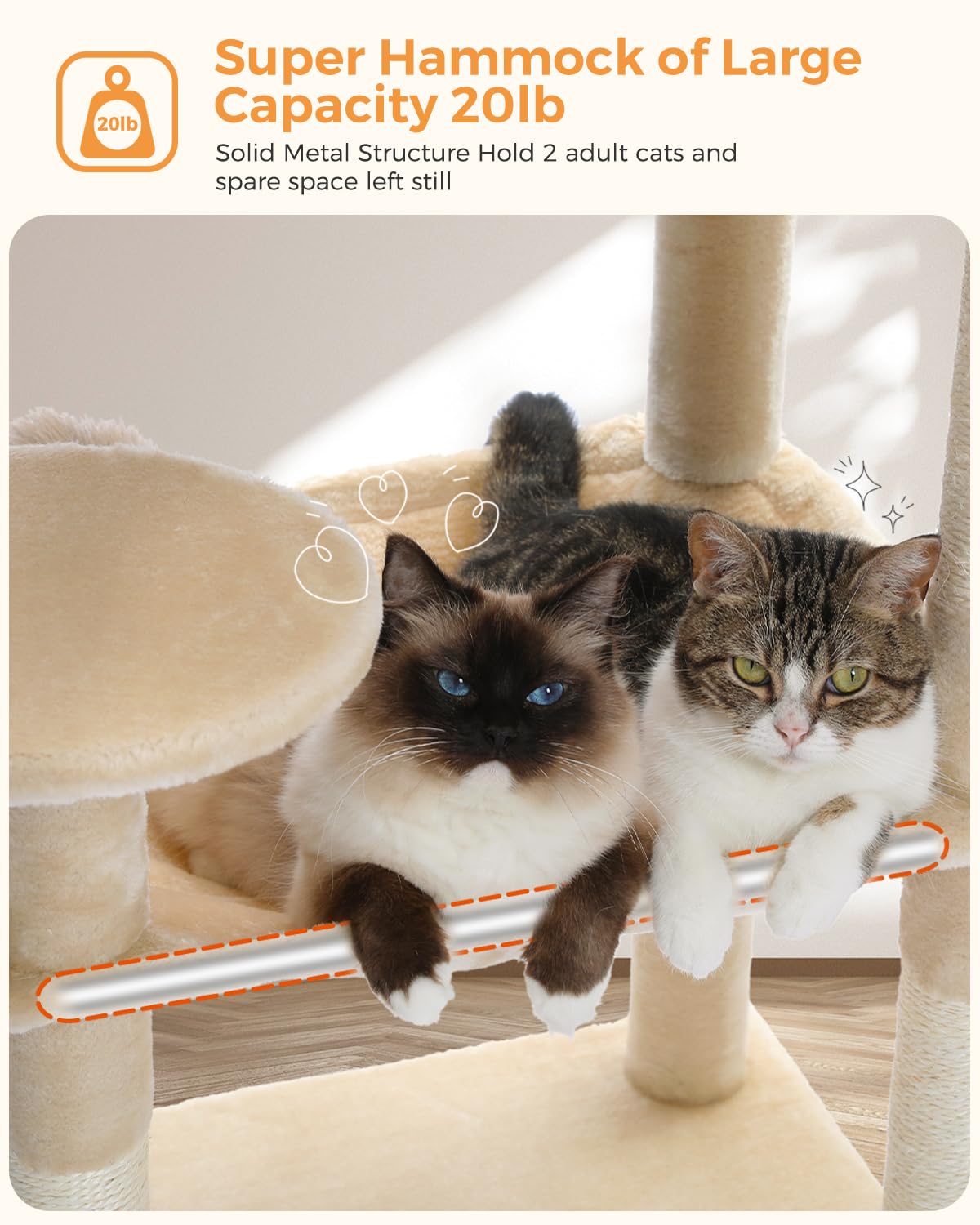 MUTTROS Cat Tree for Large Cats Adult with Metal Plush Big Hammock, 56.3" Cat Tower with 2 Door Condo House, 6-Tier Cat Shelves with Scratching Posts and Large Top Perch, Beige